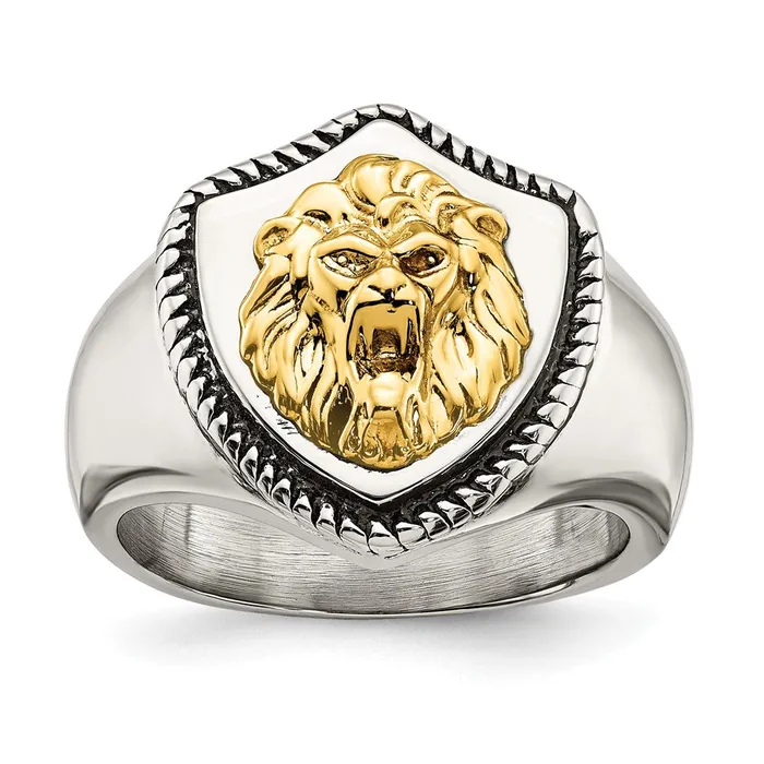 TreasureFineJewelers Rings Stainless Steel w14k Accent Antiqued Polished Lion on Shield Ring TreasureFineJewelers Rings Stainless Steel w14k Accent Antiqued Polished Lion on Shield Ring