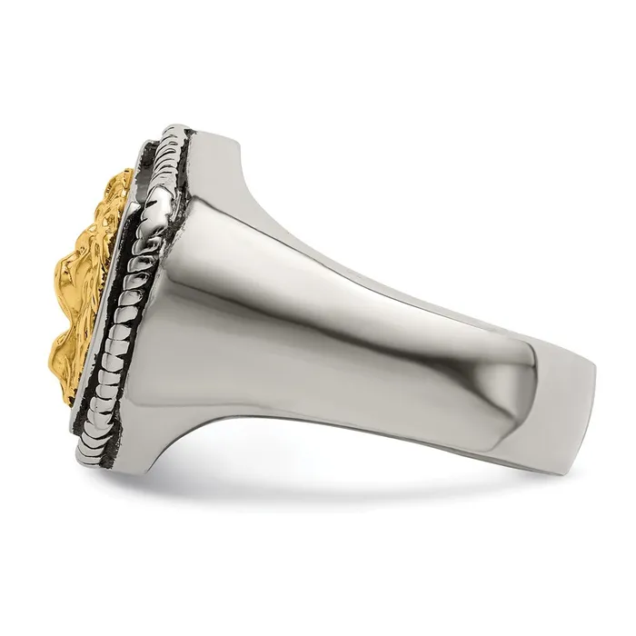 TreasureFineJewelers Rings Stainless Steel w14k Accent Antiqued Polished Lion on Shield Ring