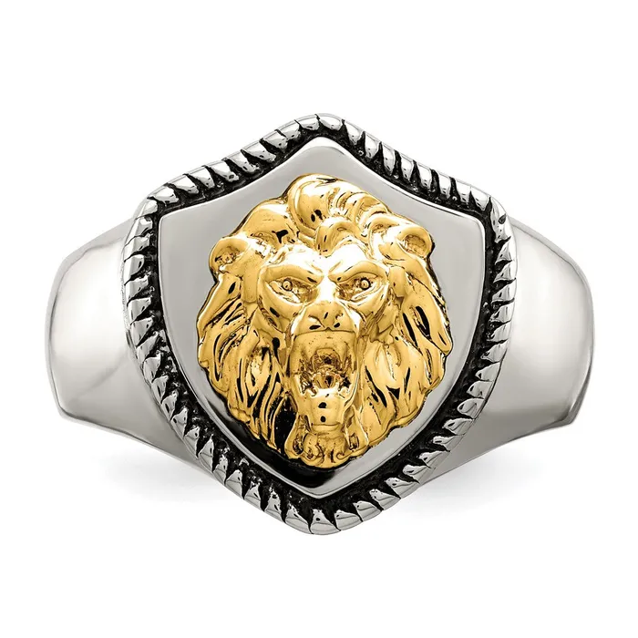 TreasureFineJewelers Rings Stainless Steel w14k Accent Antiqued Polished Lion on Shield Ring