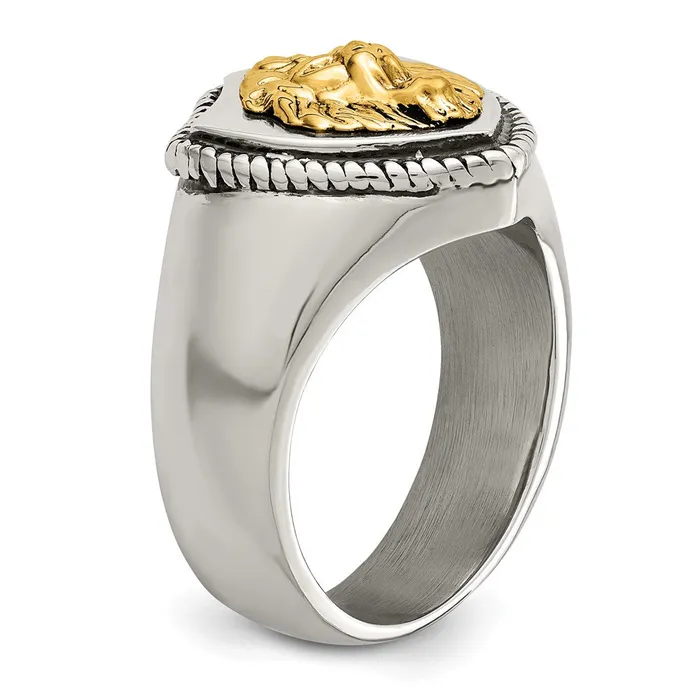 TreasureFineJewelers Rings Stainless Steel w14k Accent Antiqued Polished Lion on Shield Ring