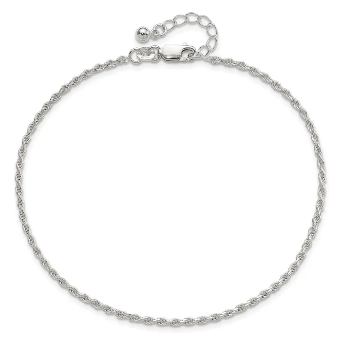 TreasureFineJewelers Rings Sterling Silver Adjustable DiamondCut Rope 9in Plus 1in ext Anklet