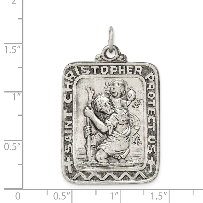 TreasureFineJewelers Rings Sterling Silver Antiqued Saint Christopher Medal