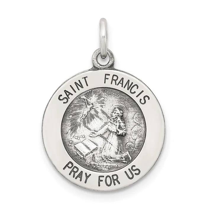 TreasureFineJewelers Rings Sterling Silver Antiqued Saint Francis Medal
