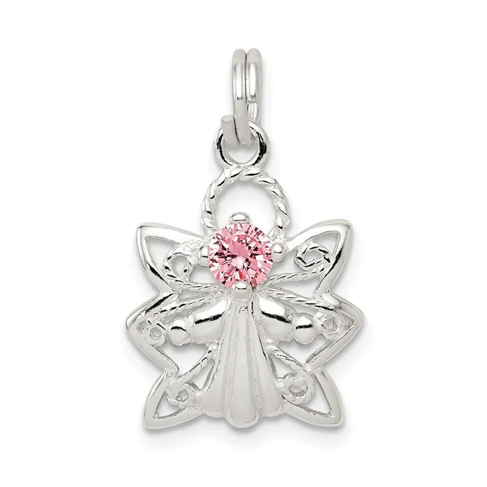 TreasureFineJewelers Rings Sterling Silver Pink CZ Angel Charm