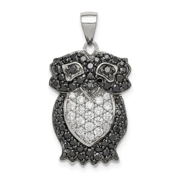 TreasureFineJewelers Sterling Silver Black White CZ Owl Pendant Necklaces